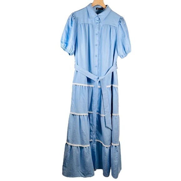 PRETTYGARDEN Summer Button Up Size Medium Bric Brac Maxi Dress Blue White Pom - Picture 2 of 7